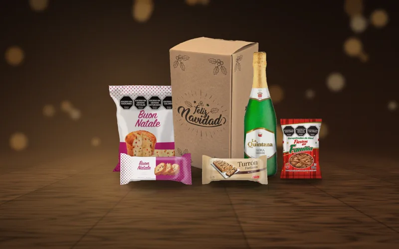 Caja navideña N°1: Sidra, pan dulce, budín, turrón y garrapiñada.