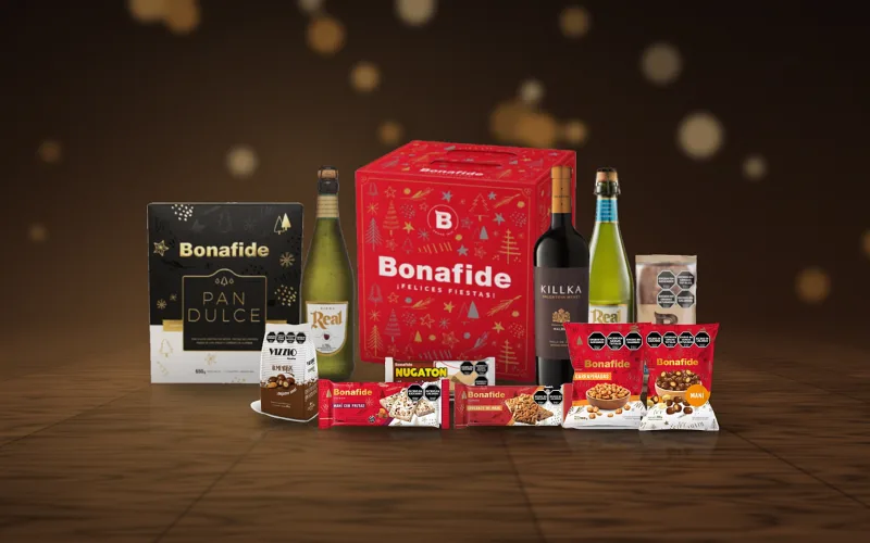 Caja navideña Edición oficial Bonafide Premium con Killka Malbec y pan dulce con almendras