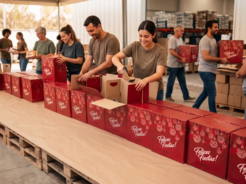 Equipo de Business Box armando y precintando cajas navideñas para empresas en el depósito del Parque Industrial de Pilar