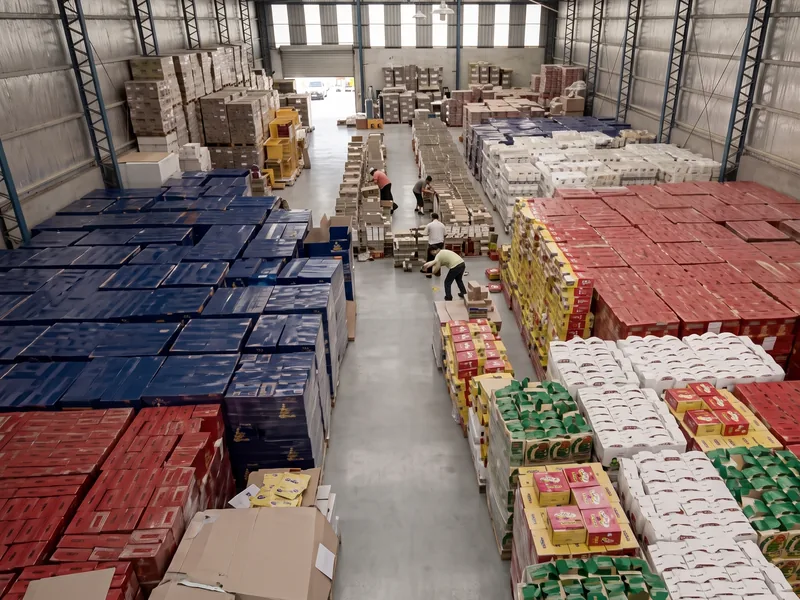 Depósito propio de Business Box en el Parque Industrial de Pilar, con pallets de cajas navideñas listas para despachar